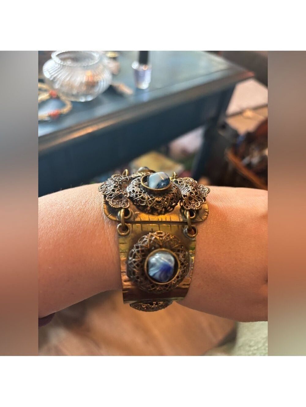 c.1930’s Art Deco Brass Filigree + Hand-Marbled Czech Glass Bracelet • Rare - Picture 3 of 16